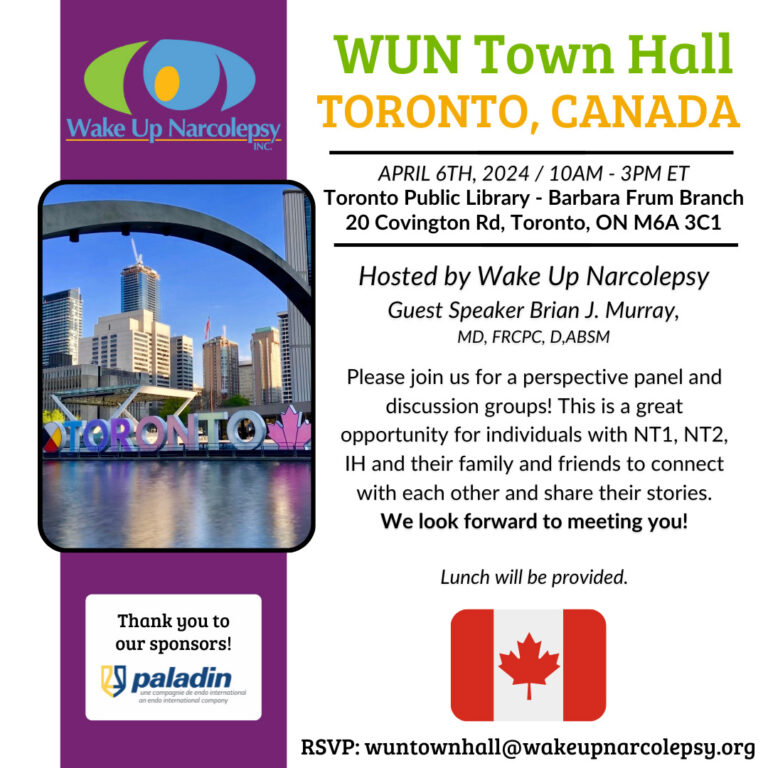 Wake Up Narcolepsy is inviting you to their Town Hall in Toronto on Saturday, April 6 2024.
